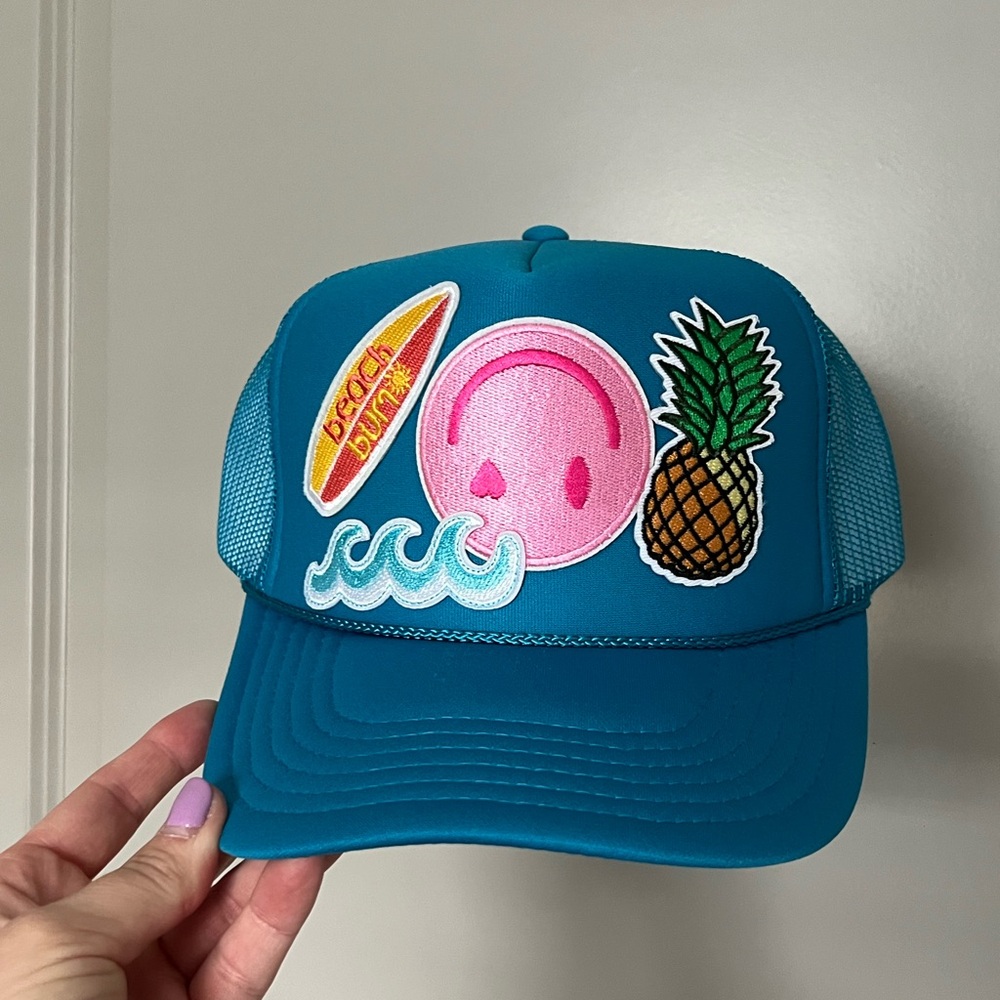 Blue Trucker Hat with Fun Patches